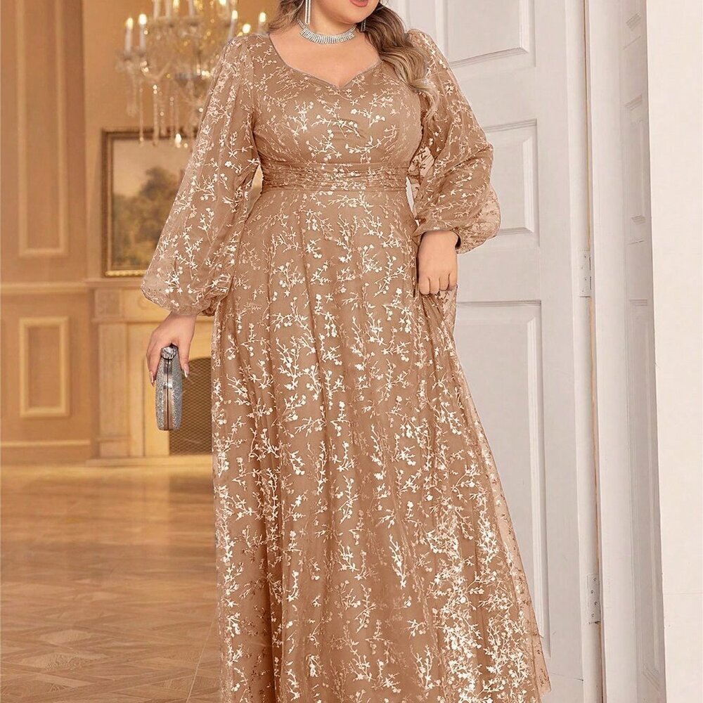 Champagne Preppy Women's Floral Mesh Party Evening Gown - Picture 3 of 7